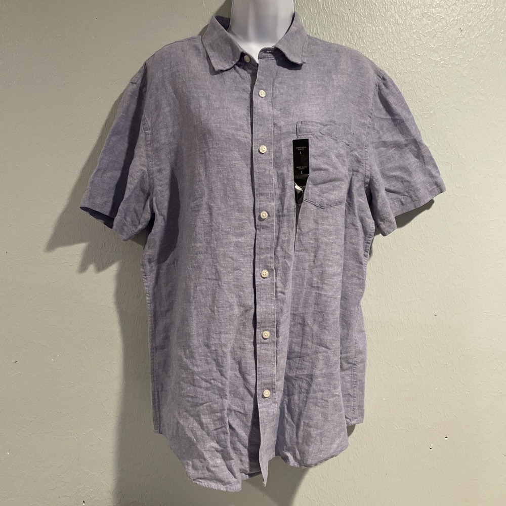 Banana‎ Republic Shirt Mens Large Blue Linen Blend Slim Fit Short Sleeve NWT